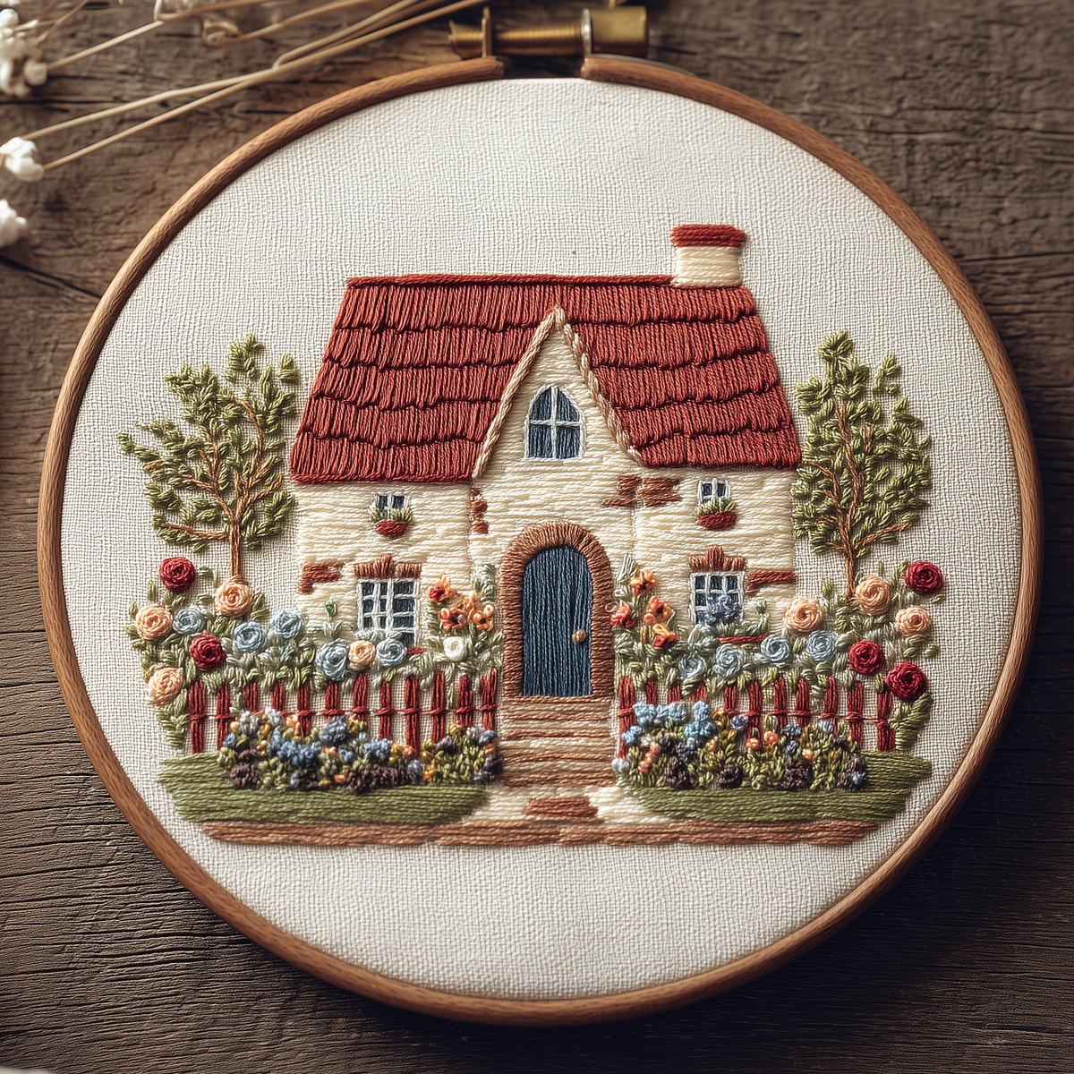 Red-roofed cottage behind a picket fence with roses and garden flowers, hand embroidery design in a wooden hoop