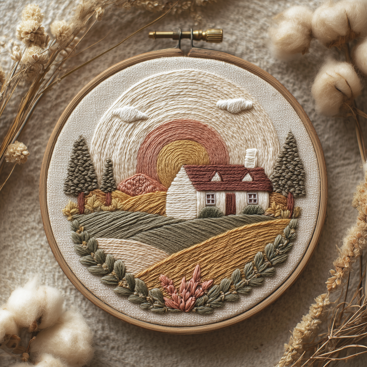 White cottage among golden fields and pine trees beneath a rising sun in a wooden embroidery hoop, photographed in full with dried flowers and cotton stems