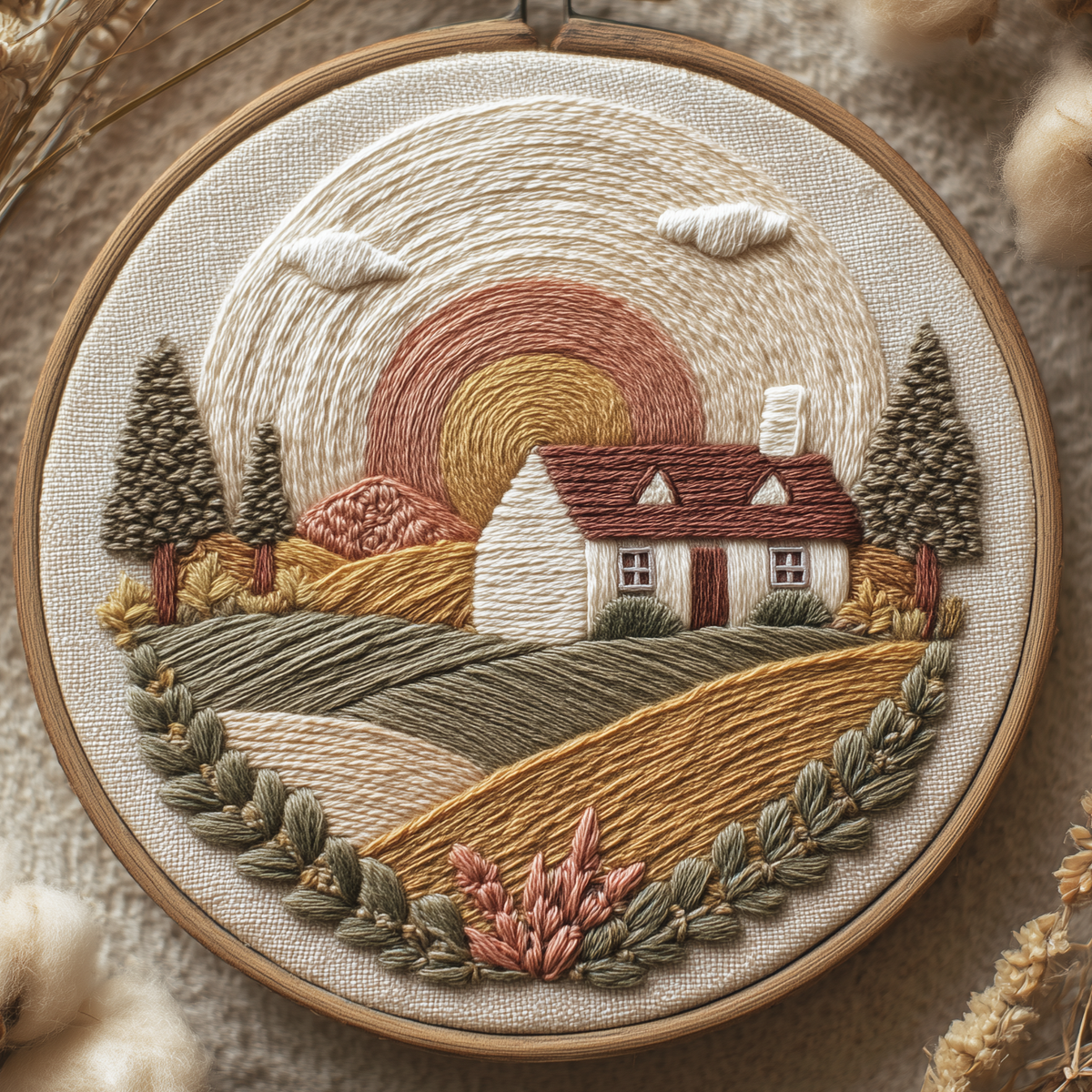 White cottage among golden fields and pine trees beneath a rising sun, hand embroidery design in a wooden hoop