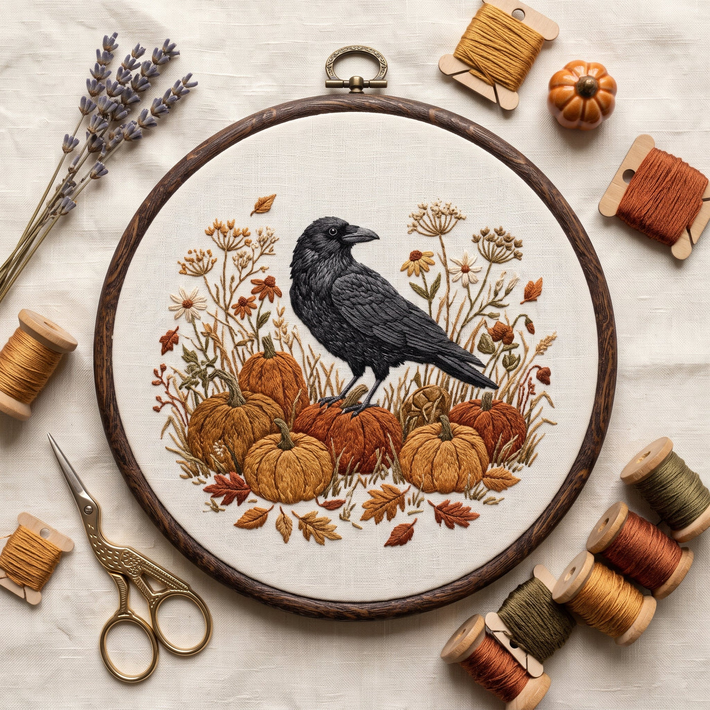 Crow standing on a pumpkin patch with wildflowers and autumn leaves, finished hand embroidery hoop photographed in full