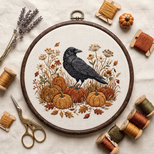 Crow standing on a pumpkin patch with wildflowers and autumn leaves, finished hand embroidery hoop photographed in full
