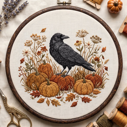Crow standing on a pumpkin patch with wildflowers and autumn leaves, hand embroidery design in a wooden hoop