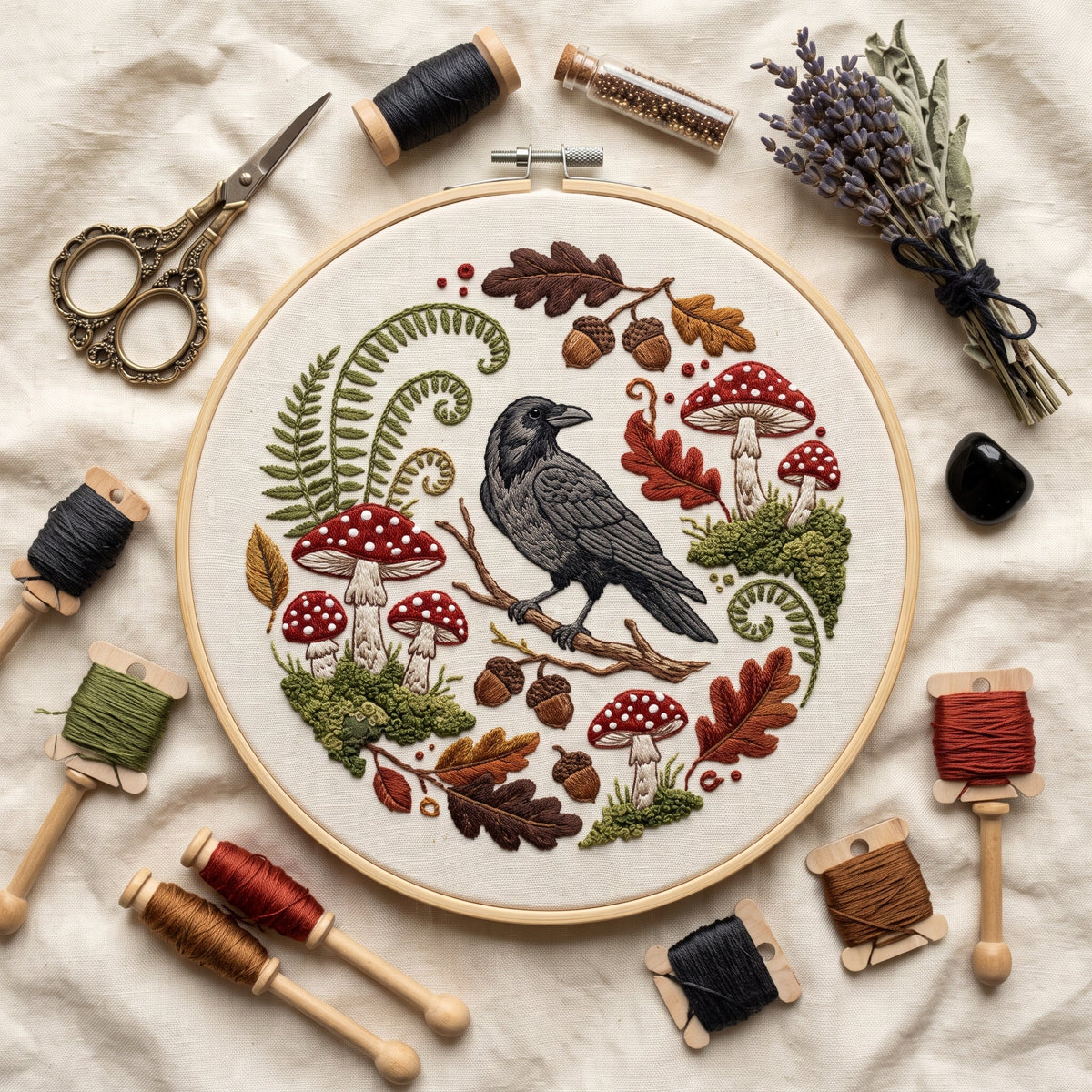 Crow among red-capped mushrooms, ferns, acorns and oak leaves, finished hand embroidery hoop photographed in full