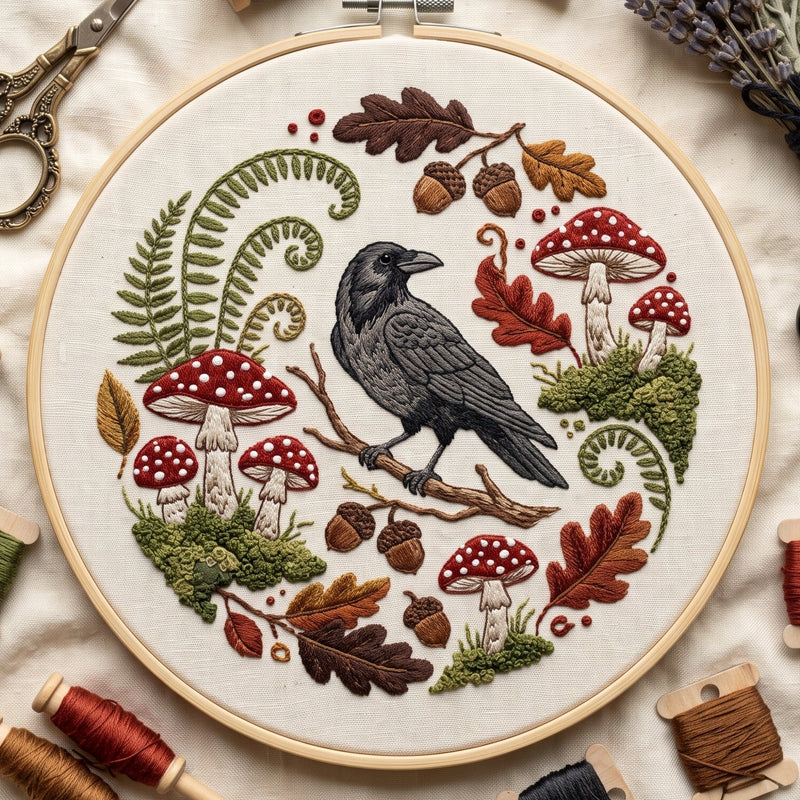Crow among red-capped mushrooms, ferns, acorns and oak leaves, hand embroidery design in a wooden hoop