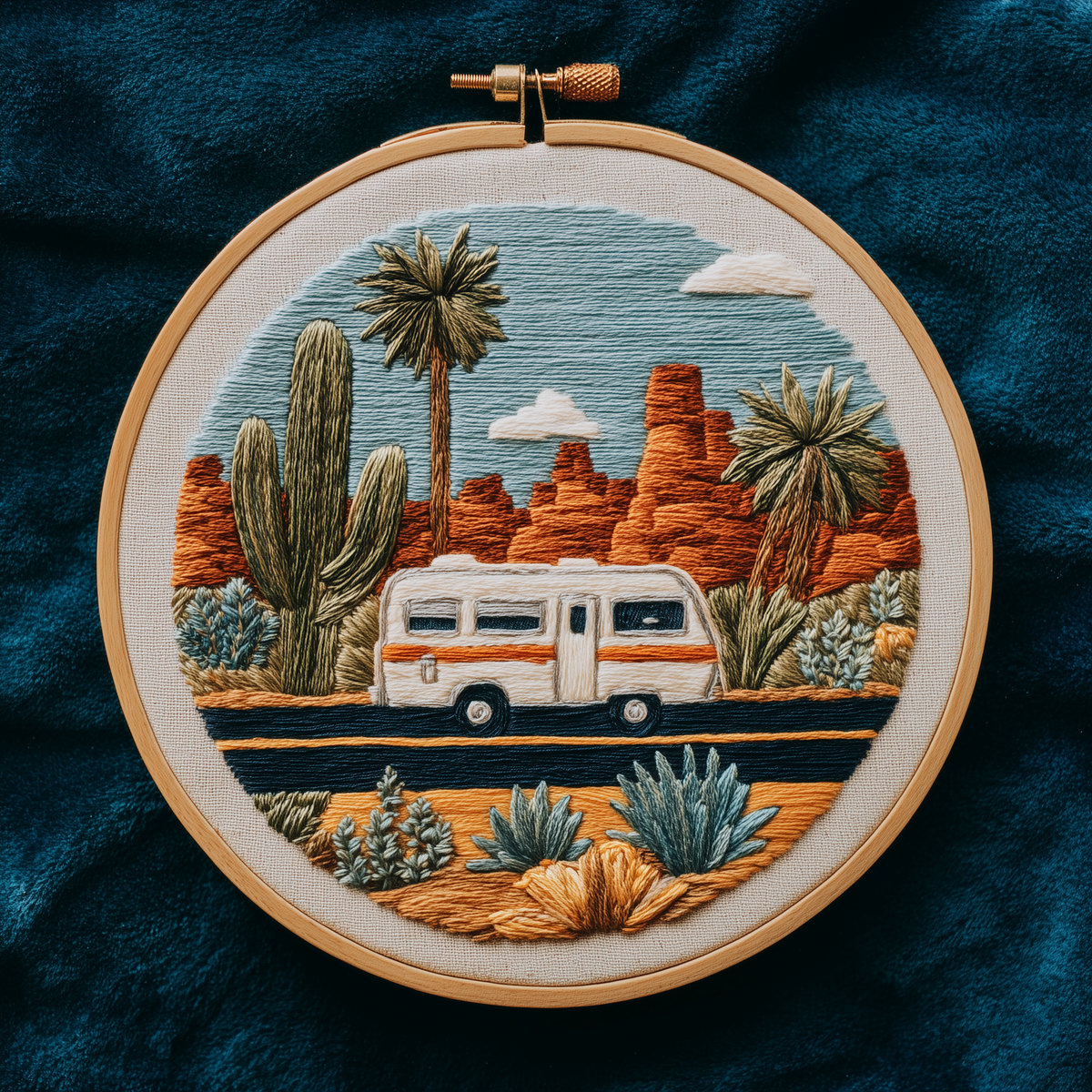 Camper on a desert highway with saguaro, palm trees and red rock in a wooden embroidery hoop, photographed in full on deep teal velvet