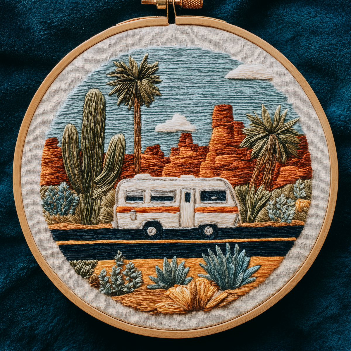 Camper on a desert highway with saguaro, palm trees and red rock, hand embroidery design in a wooden hoop