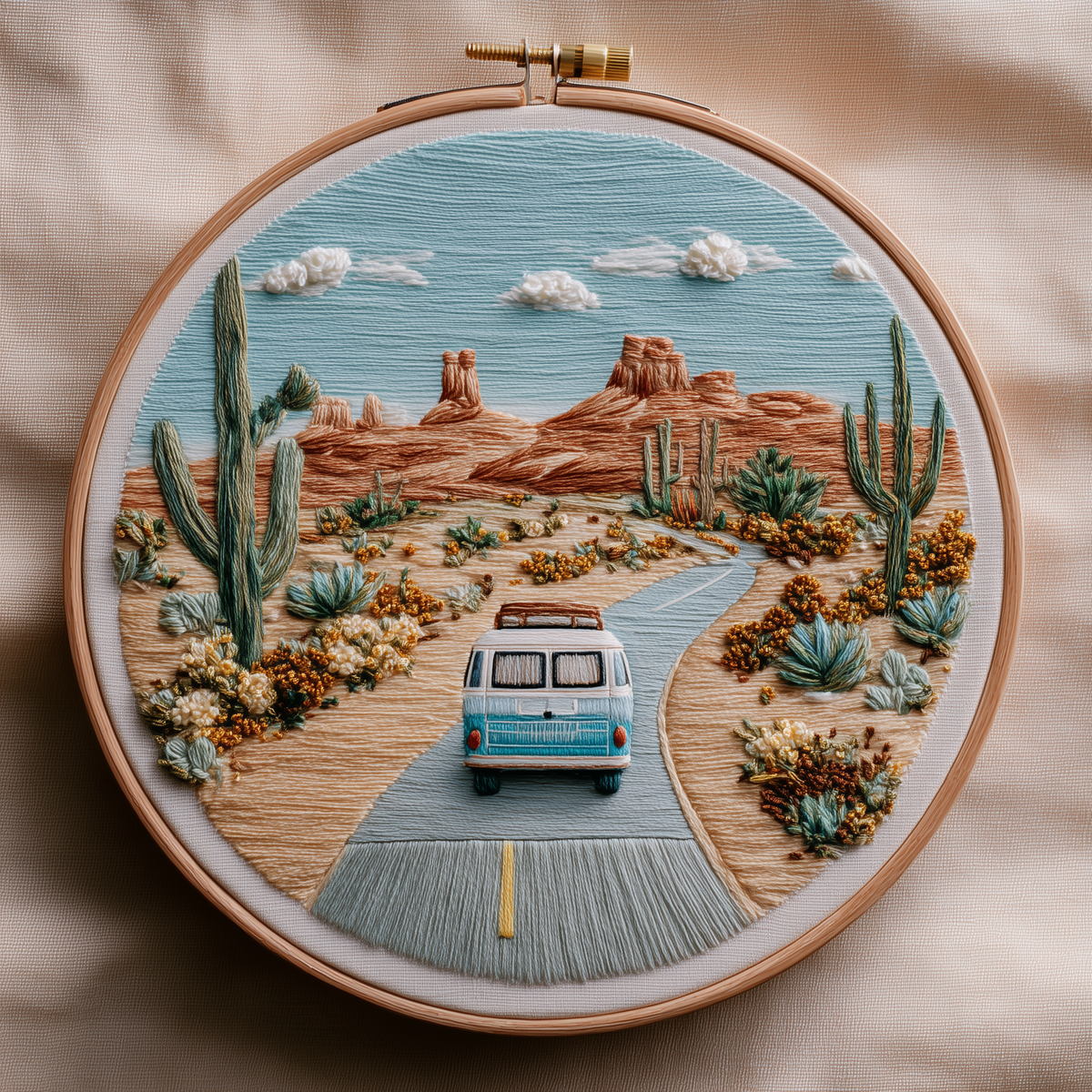 Camper van on a desert road with saguaro, wildflowers and red rock buttes in a wooden embroidery hoop, photographed in full on blush fabric