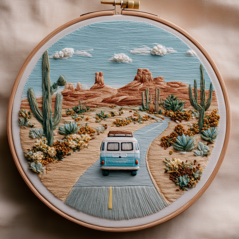 Camper van on a desert road with saguaro, wildflowers and red rock buttes, hand embroidery design in a wooden hoop