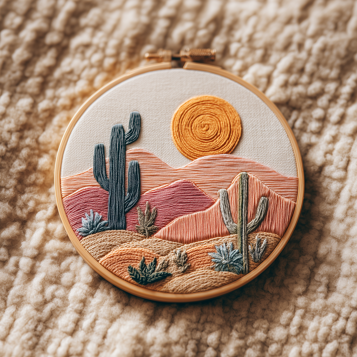 Two saguaro cacti among rose and terracotta dunes beneath a spiral sun in a wooden embroidery hoop, photographed in full on a cream bouclé throw