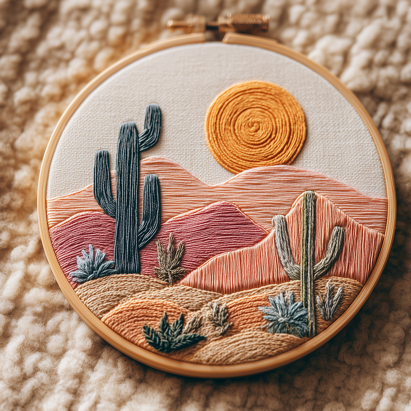 Two saguaro cacti among rose and terracotta dunes beneath a spiral sun, hand embroidery design in a wooden hoop