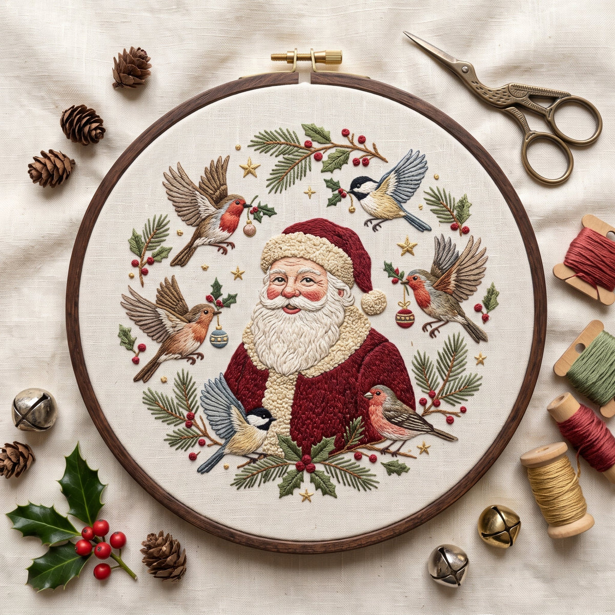 Father Christmas surrounded by winter birds, pine and berries, finished hand embroidery hoop photographed in full