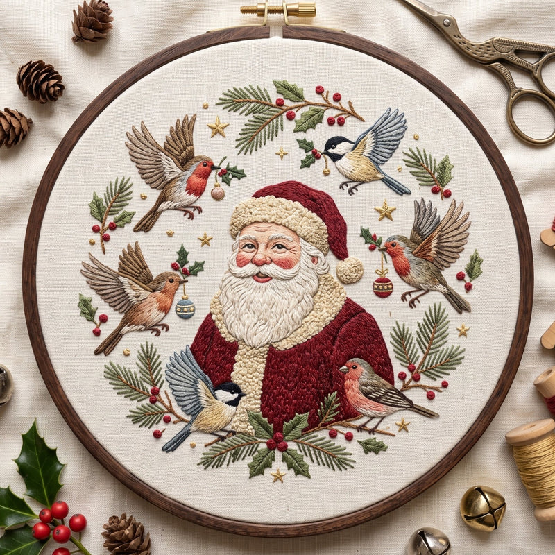 Father Christmas surrounded by winter birds, pine and berries, hand embroidery design in a wooden hoop