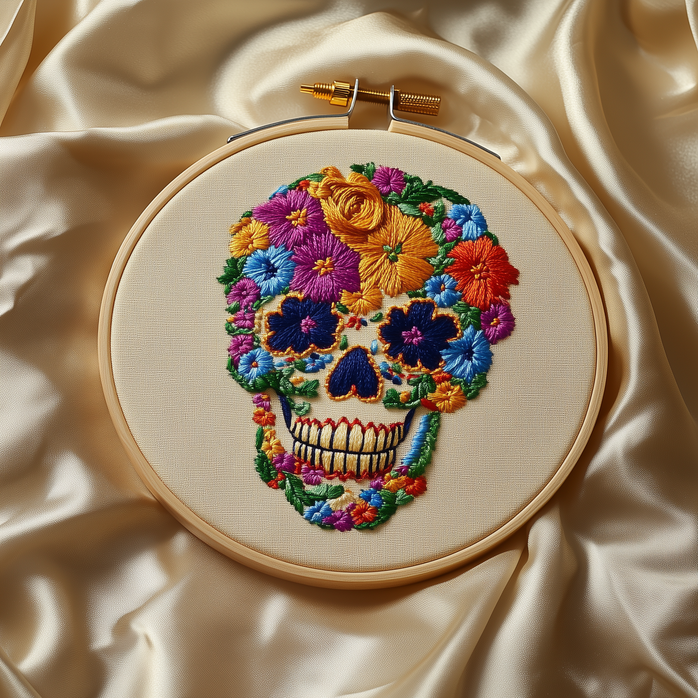 Floral skull worked in bright flowers, finished hand embroidery hoop photographed in full