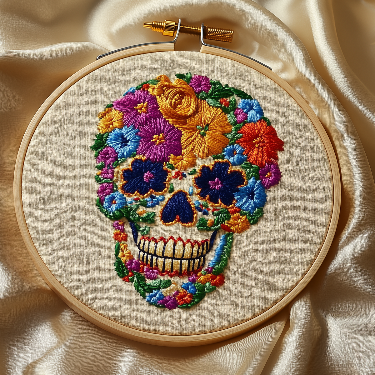 Floral skull hand embroidery design worked in bright flowers in a wooden hoop