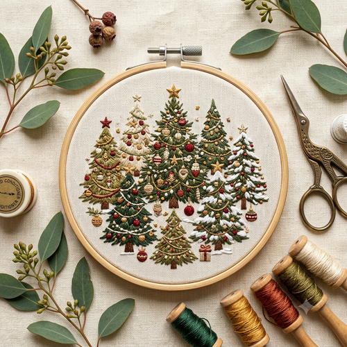 A group of decorated Christmas trees in green and gold, finished hand embroidery hoop photographed in full