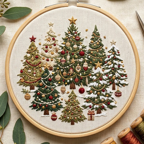 A group of decorated Christmas trees in green and gold, hand embroidery design in a wooden hoop