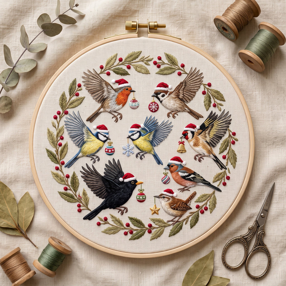 Wreath of garden birds in Christmas hats with holly and baubles, finished hand embroidery hoop photographed in full