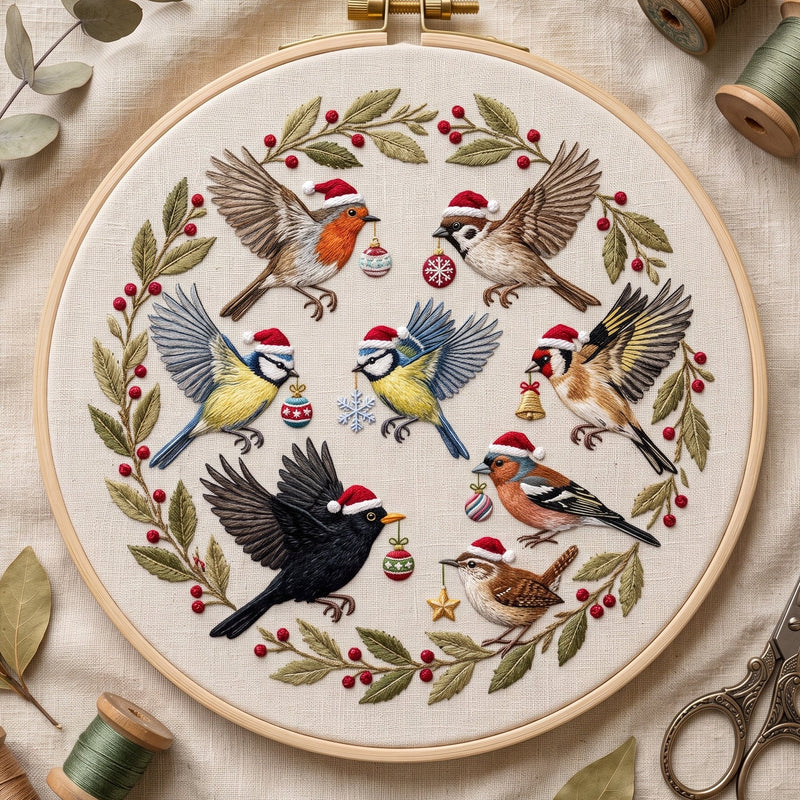 Wreath of garden birds in Christmas hats with holly and baubles, hand embroidery design in a wooden hoop