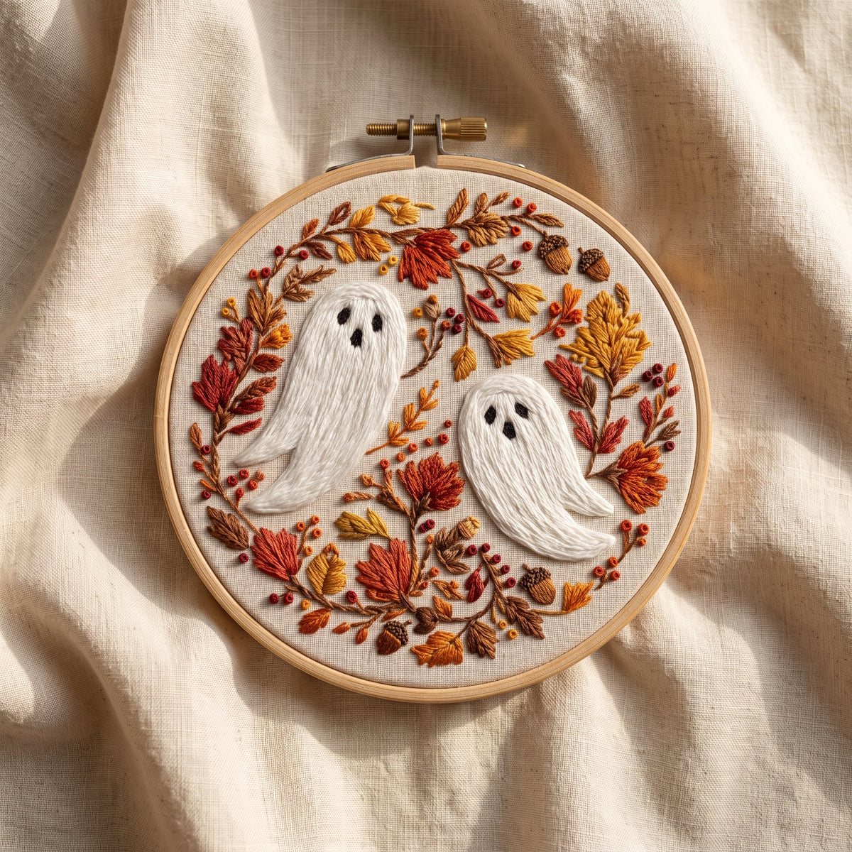Two ghosts in a wreath of autumn leaves, berries and acorns, finished hand embroidery hoop photographed in full
