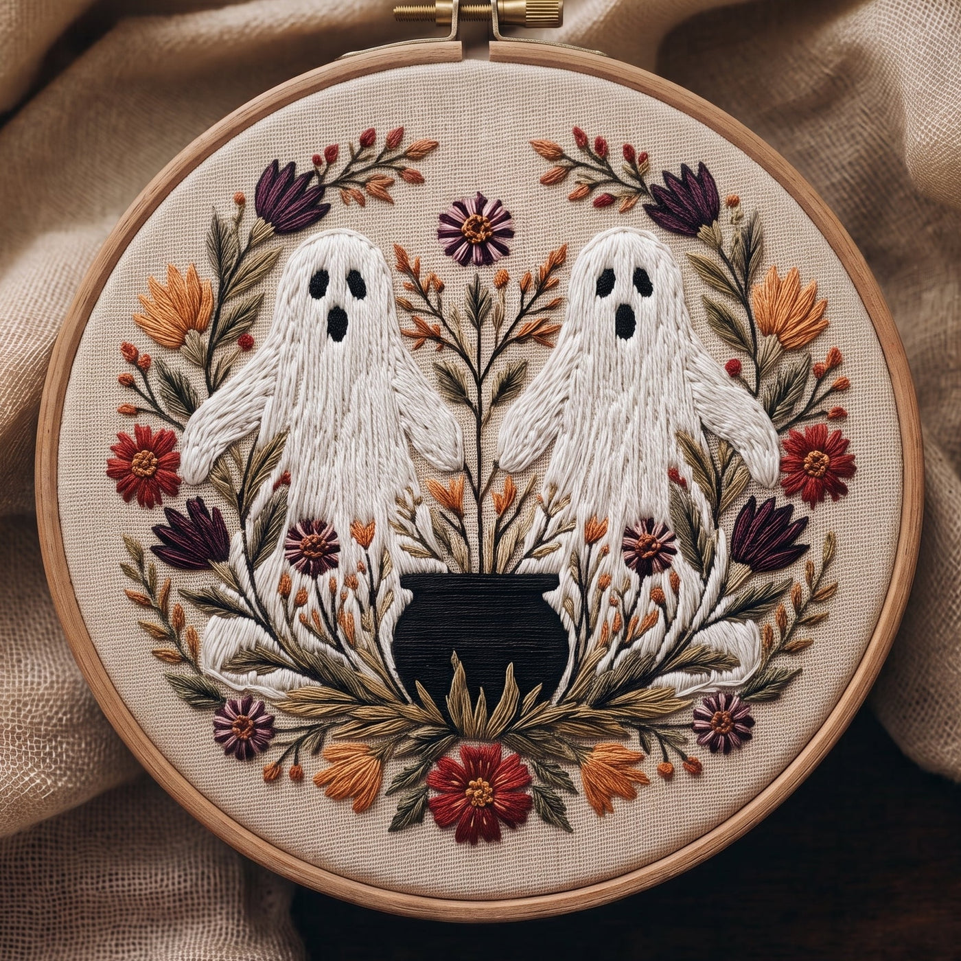 Two ghosts and a black cauldron in a wreath of dark autumn flowers, hand embroidery design in a wooden hoop