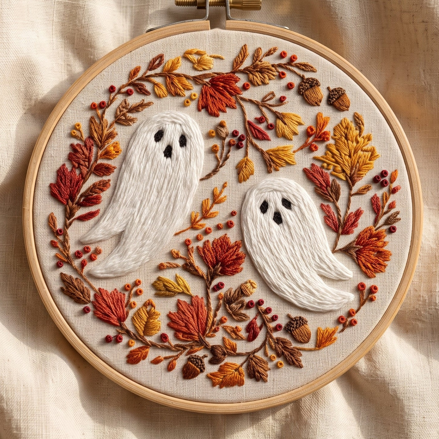 Two ghosts in a wreath of autumn leaves, berries and acorns, hand embroidery design in a wooden hoop