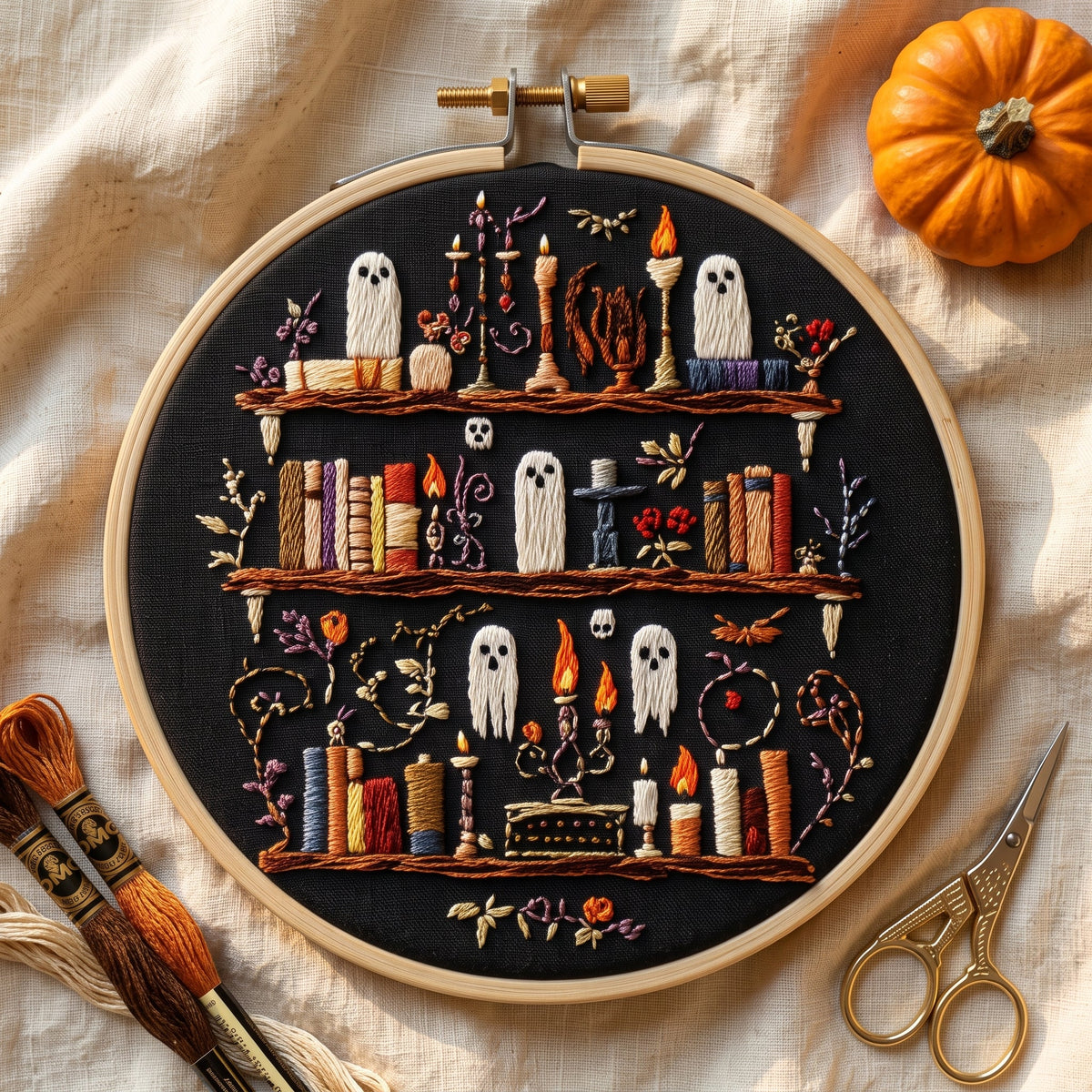 Haunted bookshelf hand embroidery design with ghosts, candles and books worked on black fabric in a wooden hoop