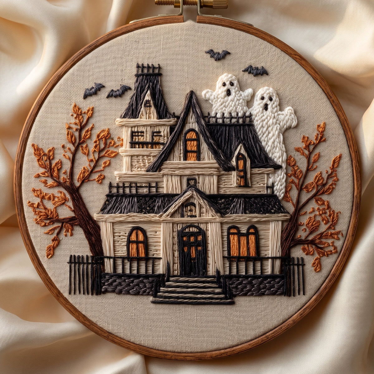 Haunted house with bats and two ghosts among autumn trees, hand embroidery design in a wooden hoop