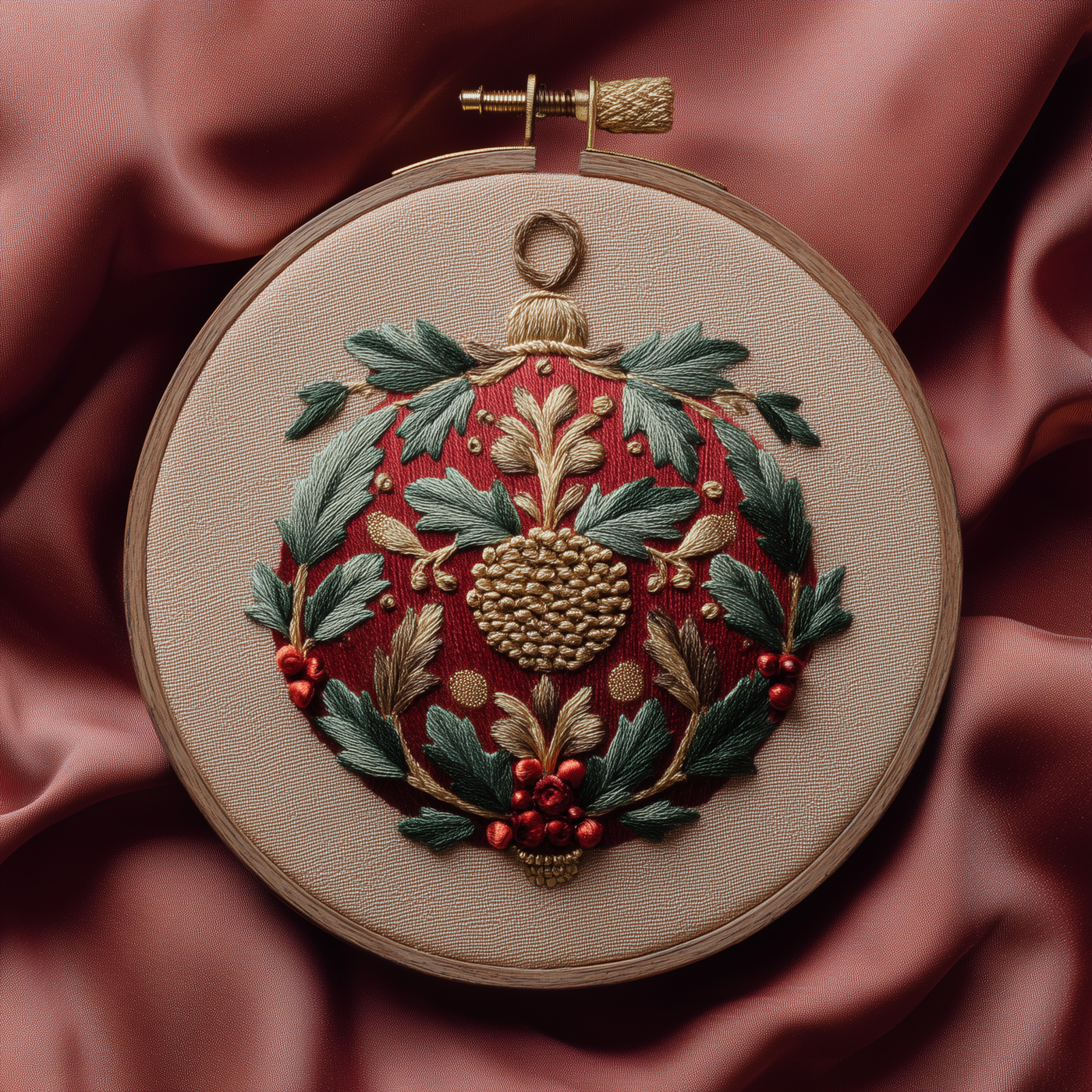 Ornate heirloom Christmas bauble with holly and berries, finished hand embroidery hoop photographed in full