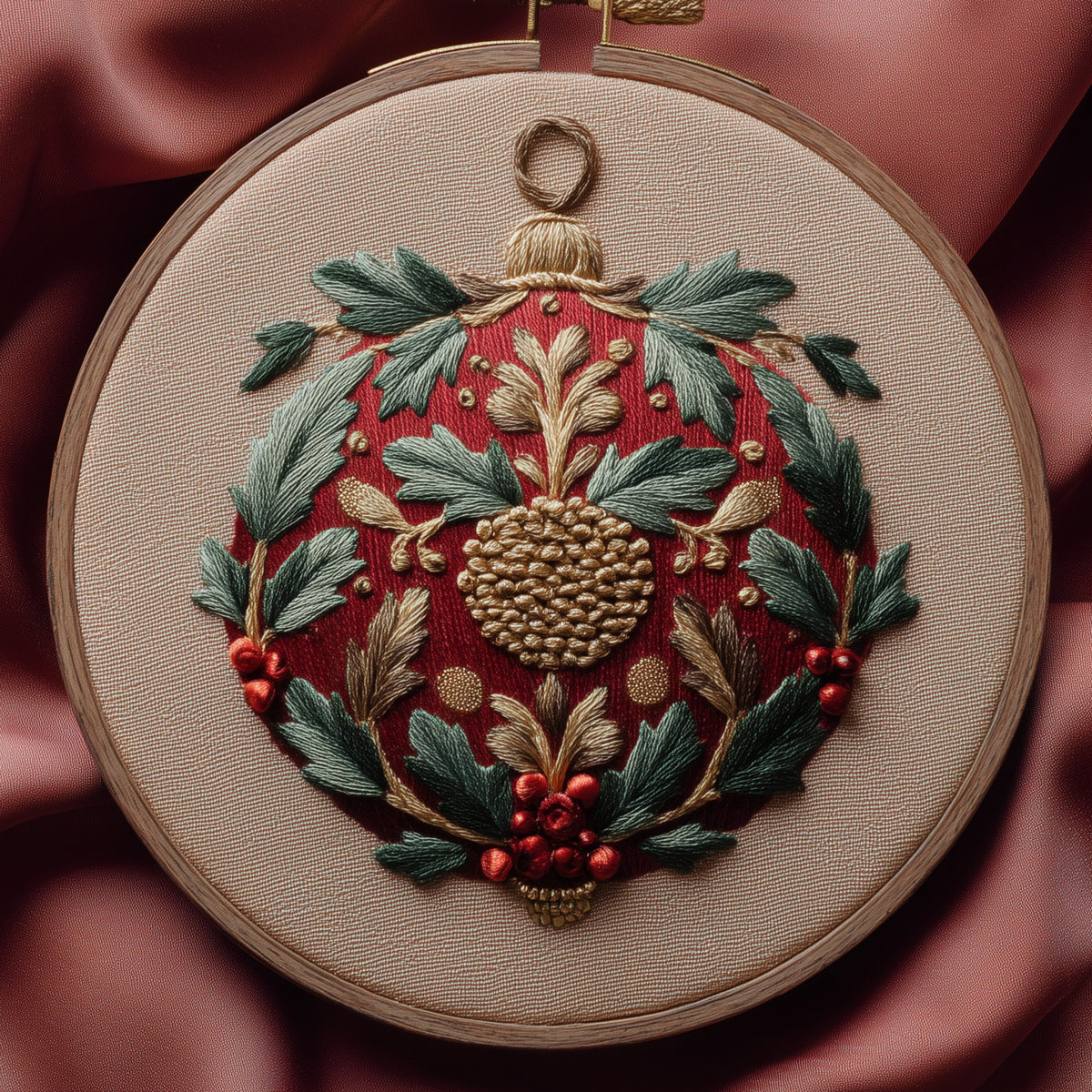 Ornate heirloom Christmas bauble with holly and berries, hand embroidery design in a wooden hoop