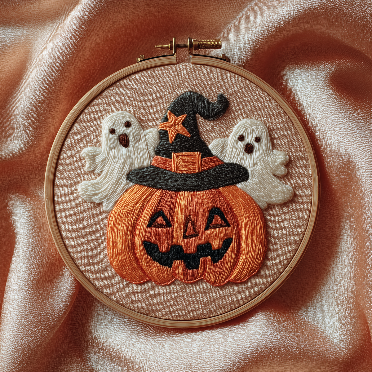 Jack-o'-lantern in a black witch hat with two ghosts, finished hand embroidery hoop photographed in full