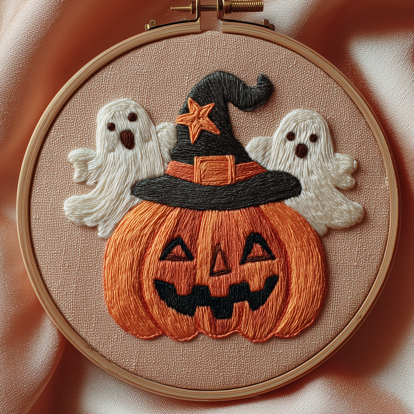 Jack-o'-lantern in a black witch hat with two ghosts, hand embroidery design in a wooden hoop