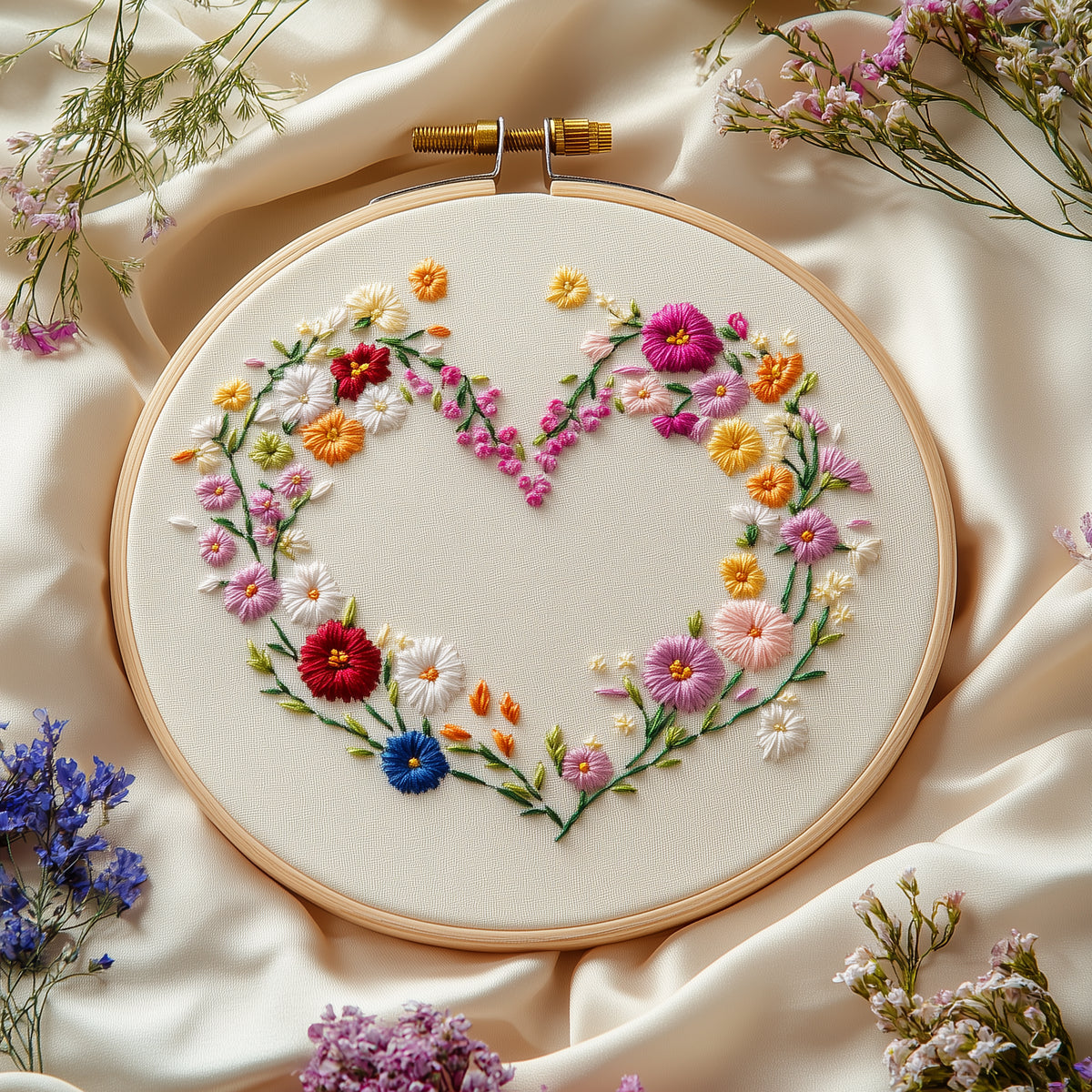 Wildflower heart hand embroidery design in a wooden hoop on cream silk, surrounded by dried flowers