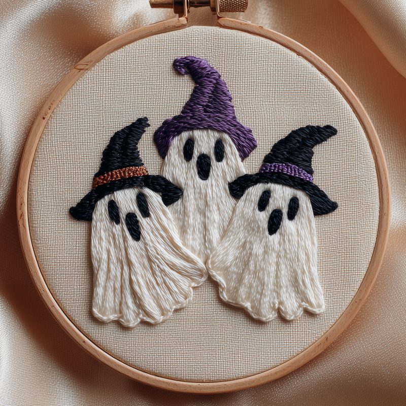 Three ghosts in purple and black witch hats, hand embroidery design on natural linen