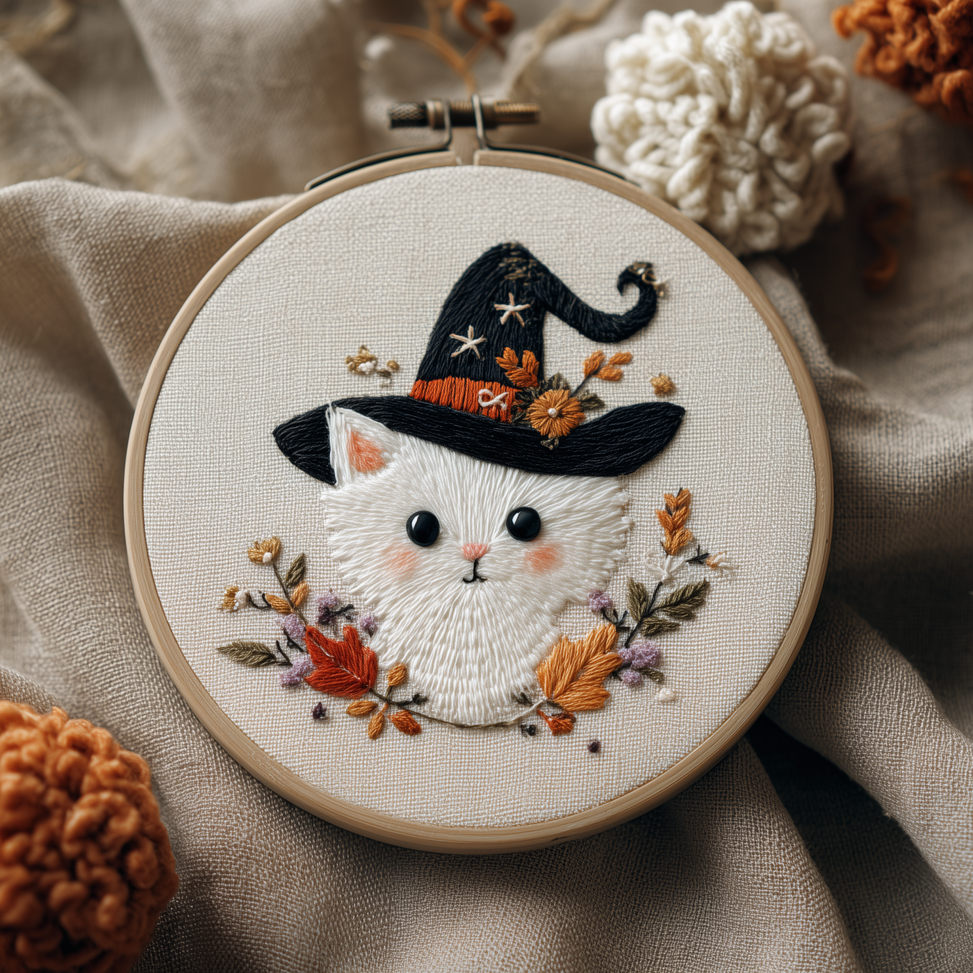 White kitten in a black witch hat with autumn leaves, finished hand embroidery hoop photographed in full