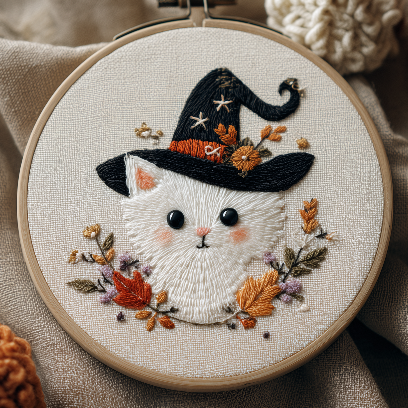 White kitten in a black witch hat with autumn leaves, hand embroidery design in a wooden hoop