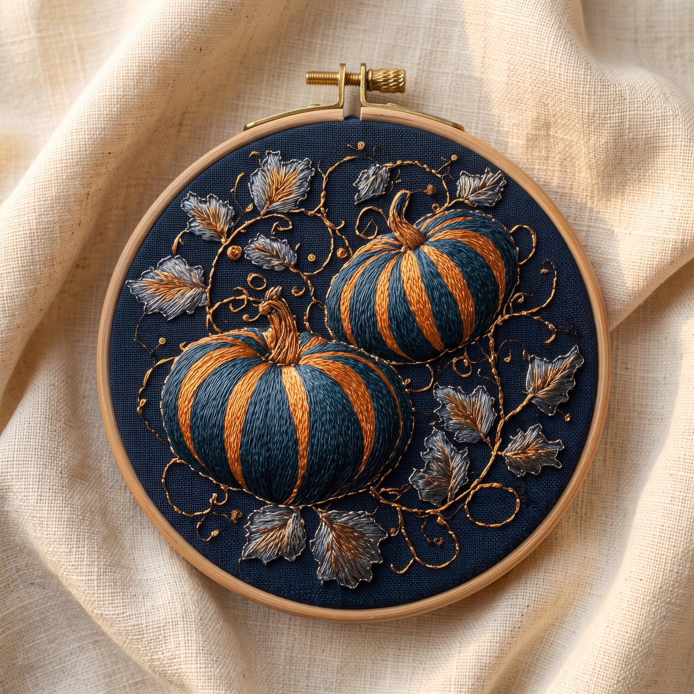 Two striped pumpkins with gold vines and leaves on navy fabric, finished hand embroidery hoop photographed in full