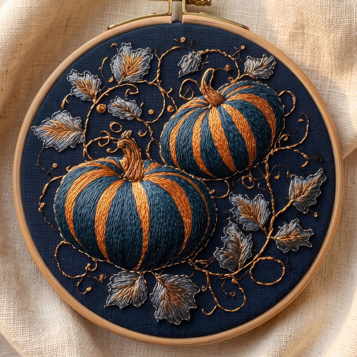 Two striped pumpkins with gold vines and leaves on navy fabric, hand embroidery design in a wooden hoop