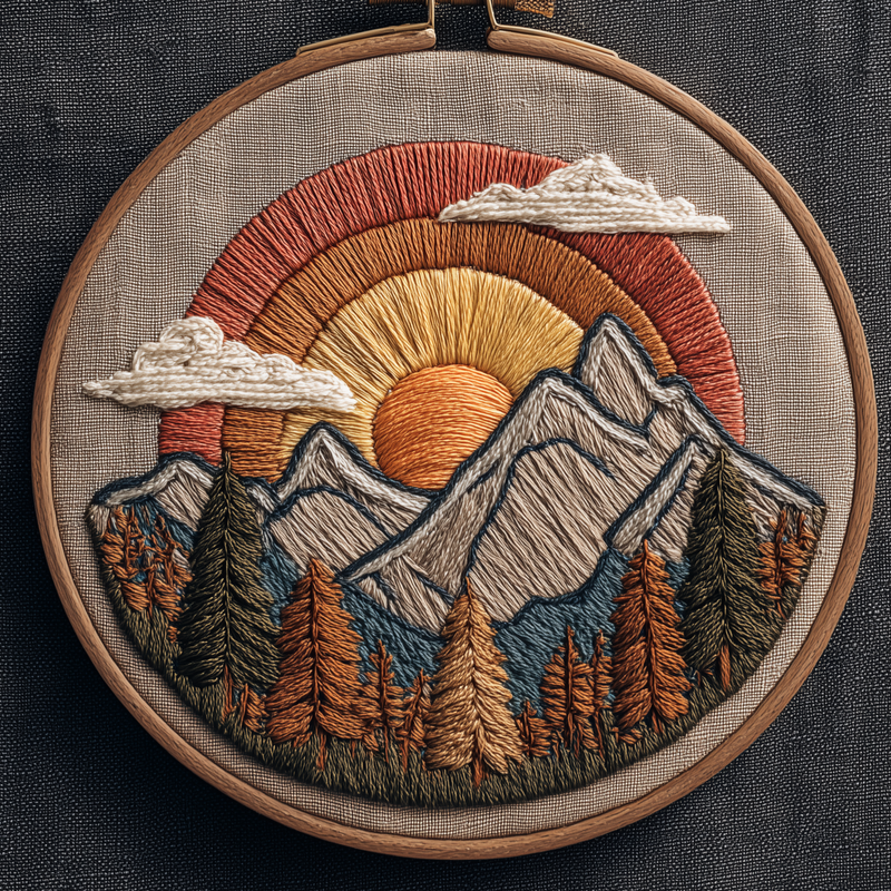 Layered sun setting behind grey peaks and an autumn pine forest, hand embroidery design in a wooden hoop