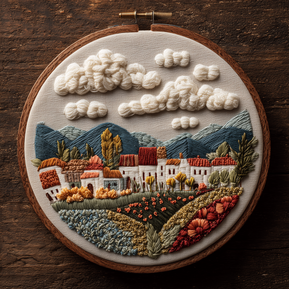 Whitewashed village with terracotta roofs beneath blue mountains and billowing clouds in a wooden embroidery hoop, photographed in full on a dark wooden surface
