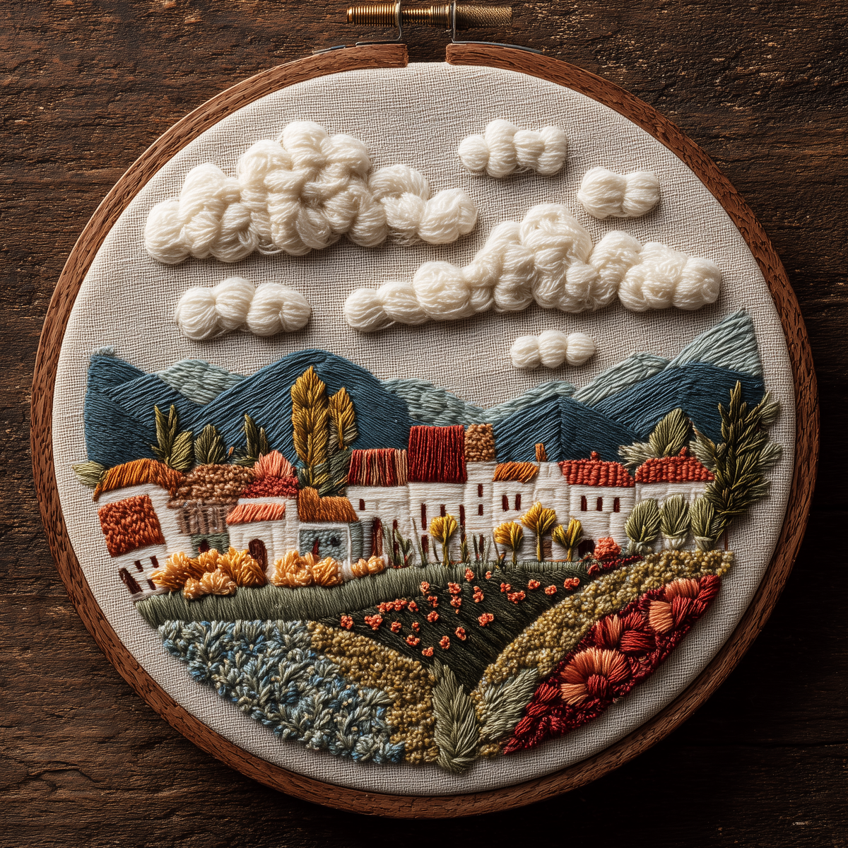 Whitewashed village with terracotta roofs beneath blue mountains and billowing clouds, hand embroidery design in a wooden hoop
