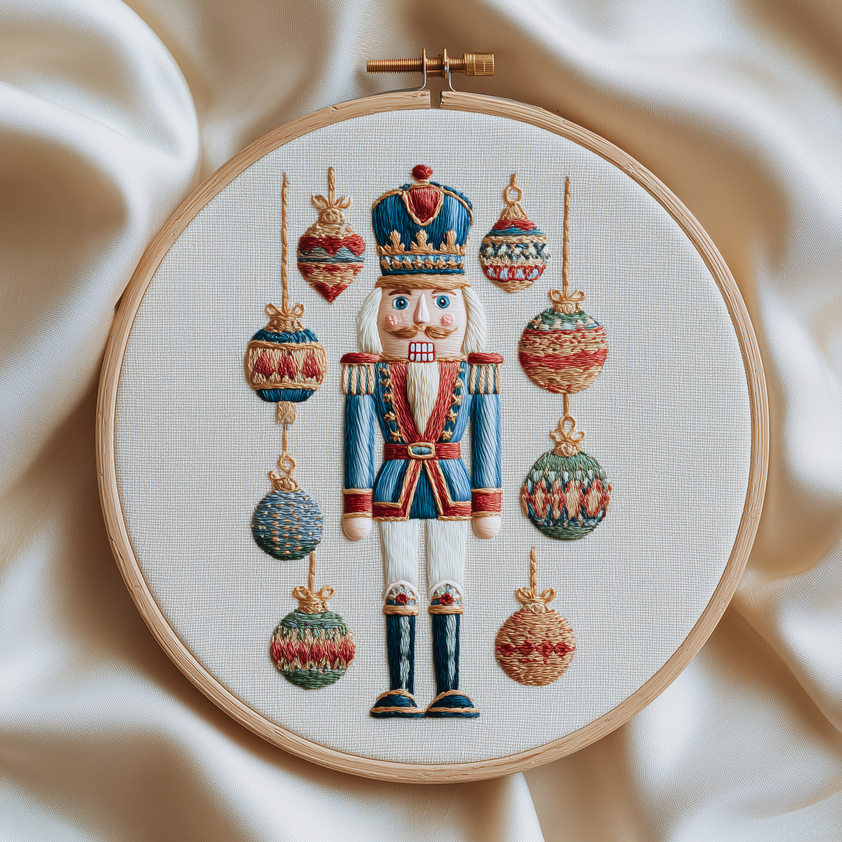Nutcracker soldier flanked by hanging Christmas baubles, finished hand embroidery hoop photographed in full