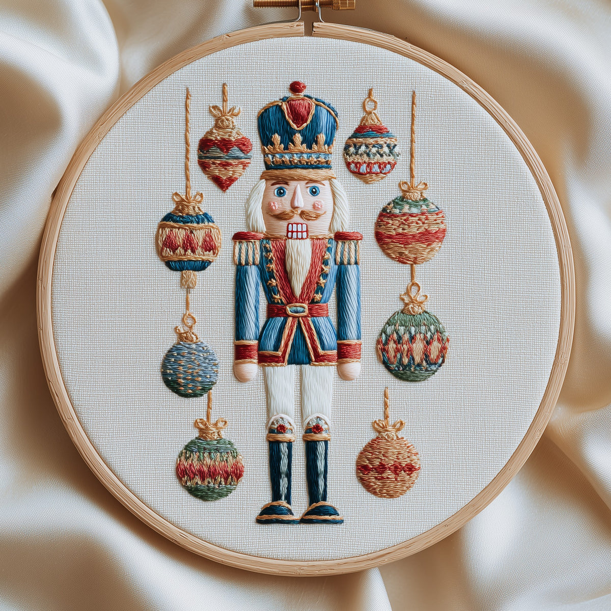 Nutcracker soldier flanked by hanging Christmas baubles, hand embroidery design in a wooden hoop