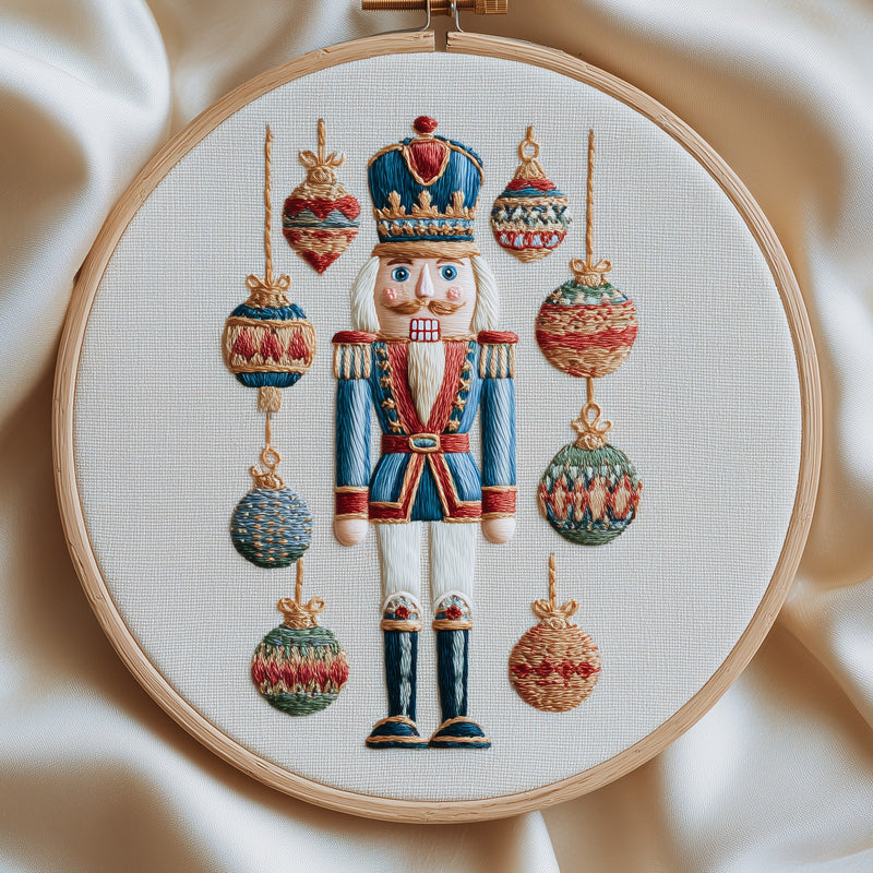 Nutcracker soldier flanked by hanging Christmas baubles, hand embroidery design in a wooden hoop