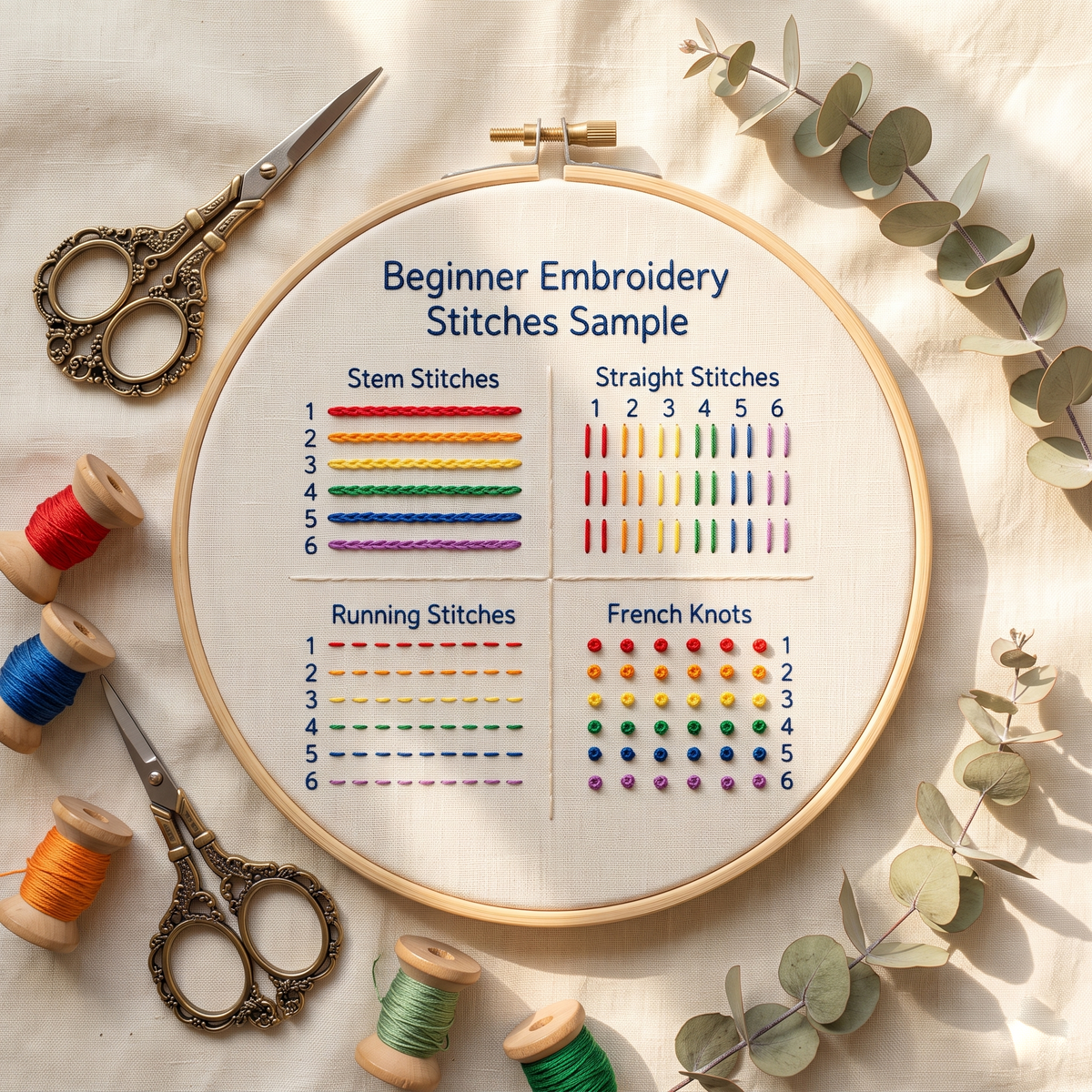 Rainbow stem, straight, running stitch and French knot sampler hoop photographed in full with thread spools, scissors and eucalyptus