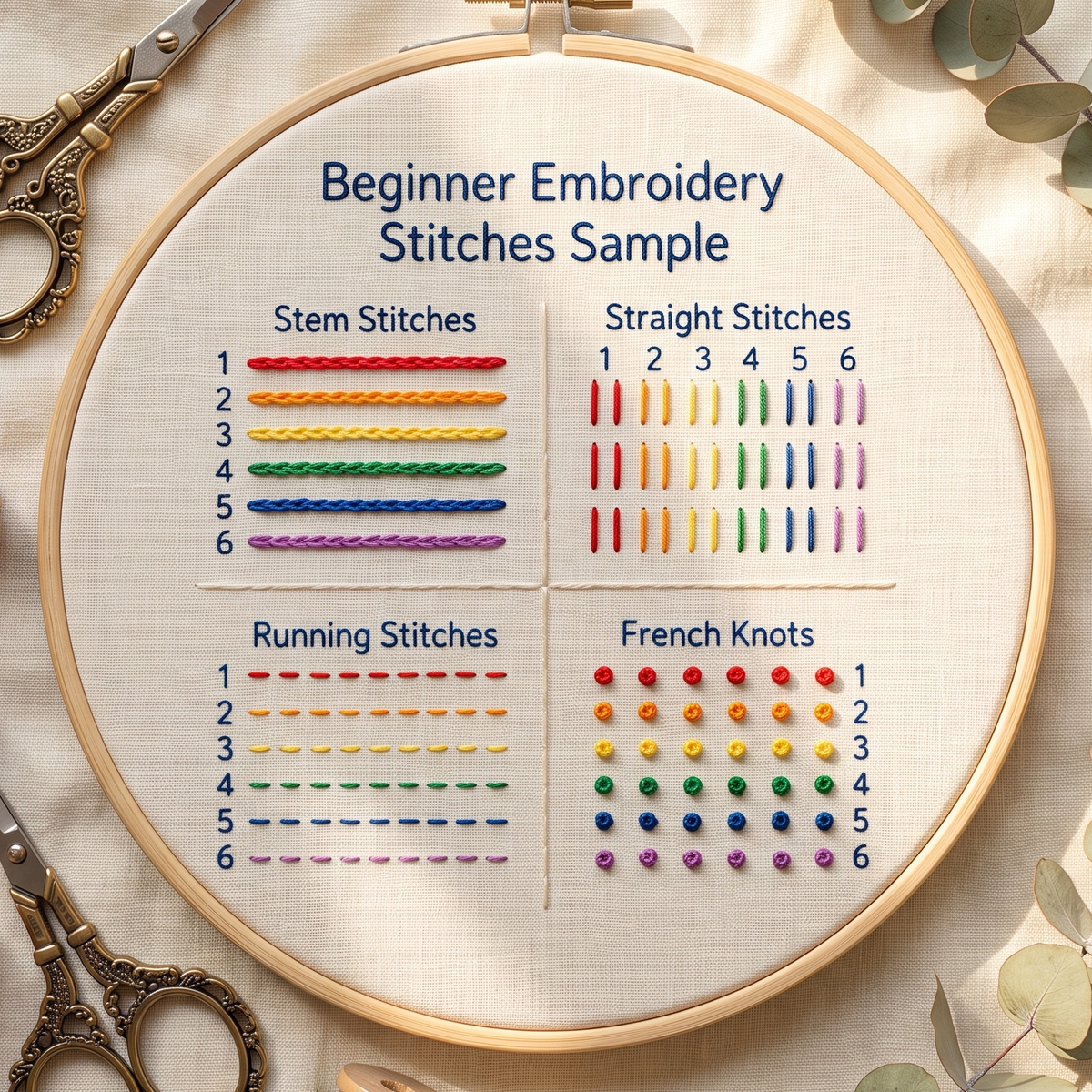 Rainbow stitch sampler hoop with labeled rows of stem, straight and running stitch and French knots
