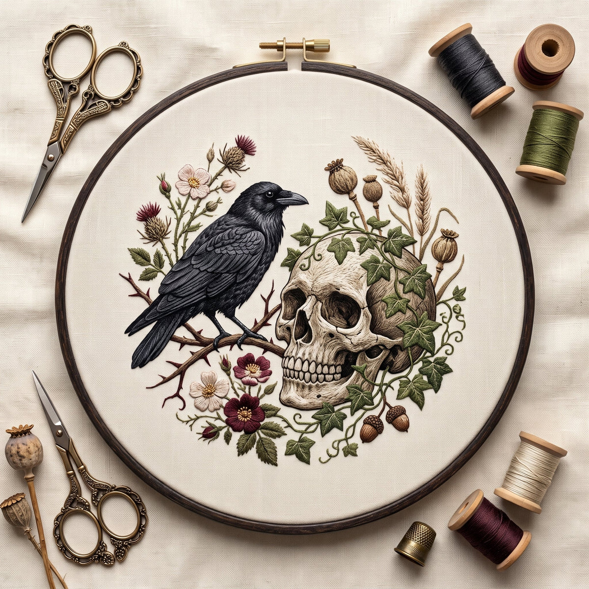 Raven beside an ivy-covered skull with poppy pods and wild roses, finished hand embroidery hoop photographed in full
