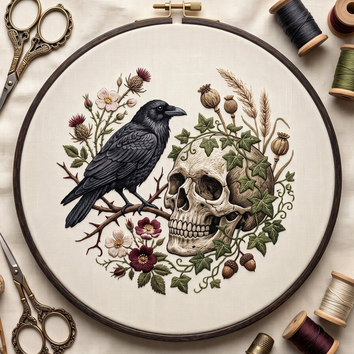 Raven beside an ivy-covered skull with poppy pods and wild roses, hand embroidery design in a wooden hoop