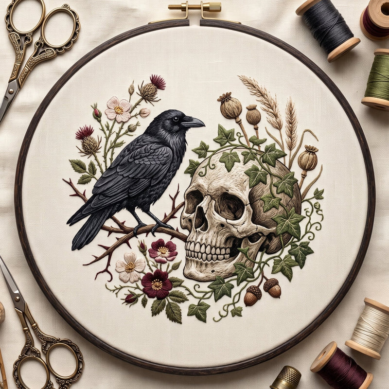 Raven beside an ivy-covered skull with poppy pods and wild roses, hand embroidery design in a wooden hoop