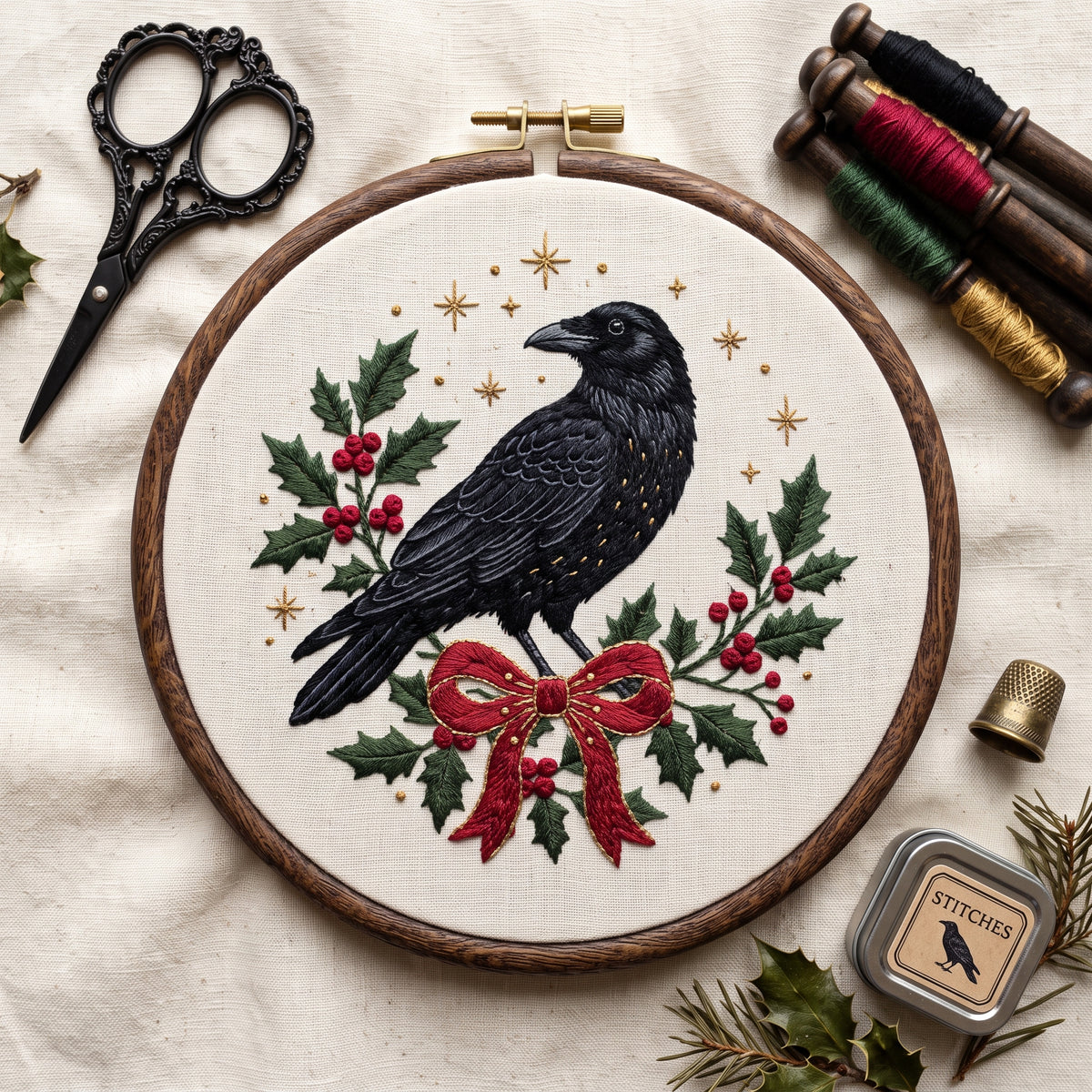 Dark bird with holly berries and festive botanical hand embroidery design in a wooden hoop