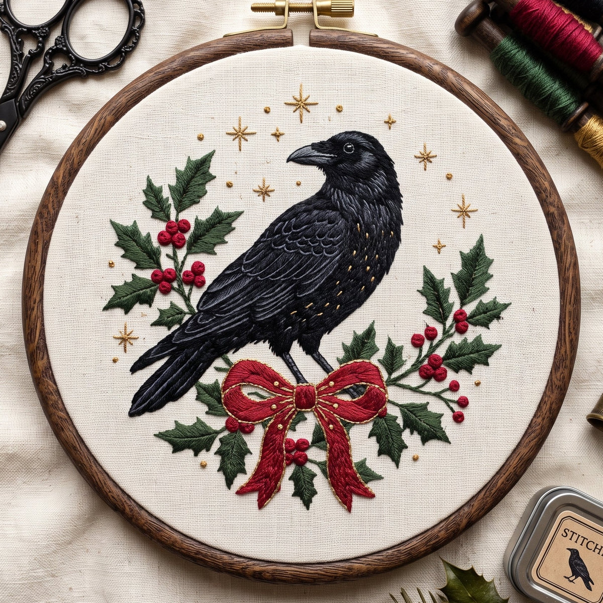 Dark bird with holly berries and festive botanical hand embroidery design in a wooden hoop